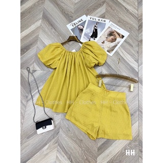 set bộ đùi chấm bi đũi vàng áo mặc 2 kiểu