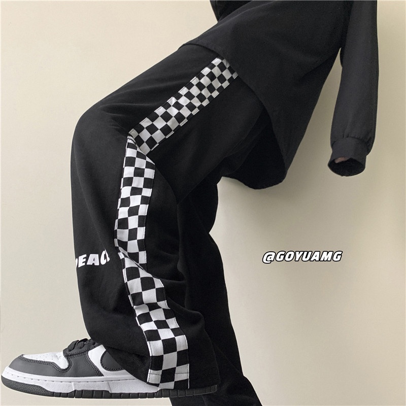 Quần dài ống rộng họa tiết sọc caro phong cách Nhật bản cá tính cho bạn nam