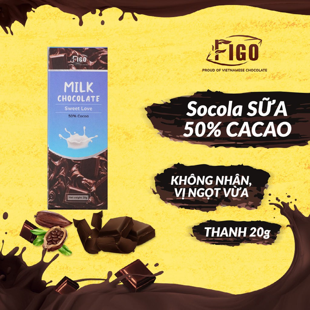 [CHÍNH HÃNG-ĂN LÀ GHIỀN] Milk Chocolate không nhân 20g FIGO VIET NAM 50% cacao ĐỒ ĂN VẶT