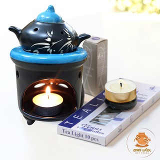 Combo Đèn Xông Bồ Kết Nến Hình Ấm + Nến Tealight (Hộp 10 Viên)