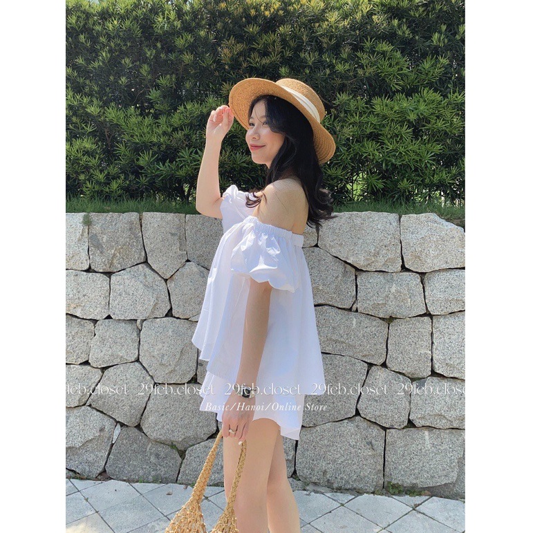 SQ016 Set áo trễ vai quần short ngắn nữ hè thu Bộ quần áo bở vai cổ chun quần cộc đùi trắng nâu xanh bơ cốm nữ tính hot