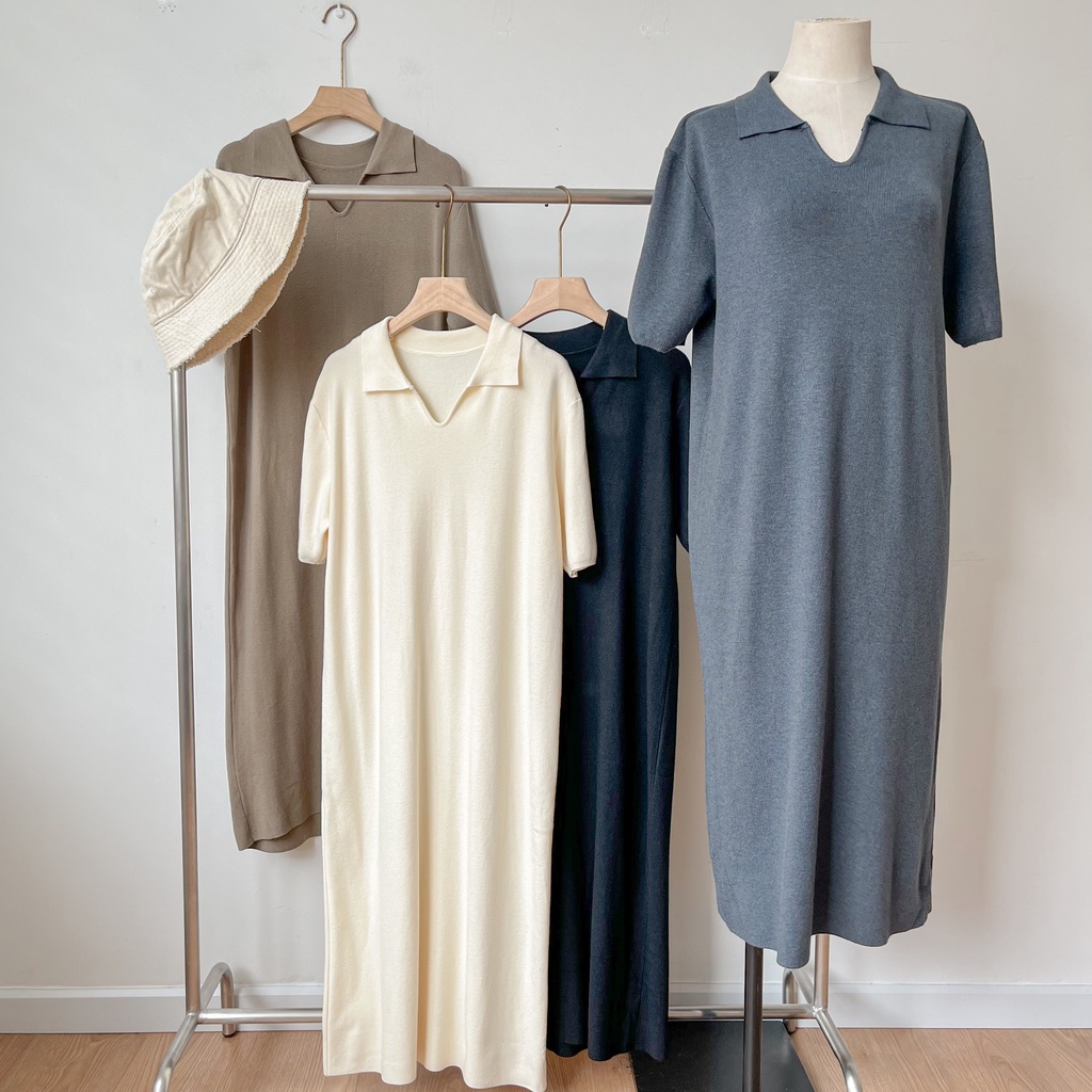 Đầm len dệt polo tay ngắn form suông dài trơn 4 màu LENCLOTHING 8779