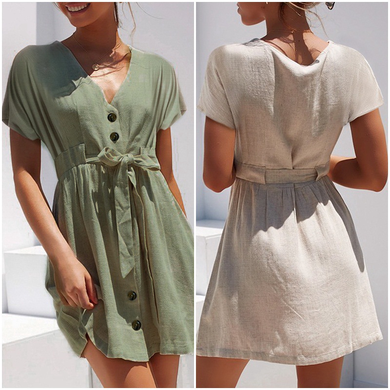 fashion women slim plain button v neck belt short sleeve summer street dress
