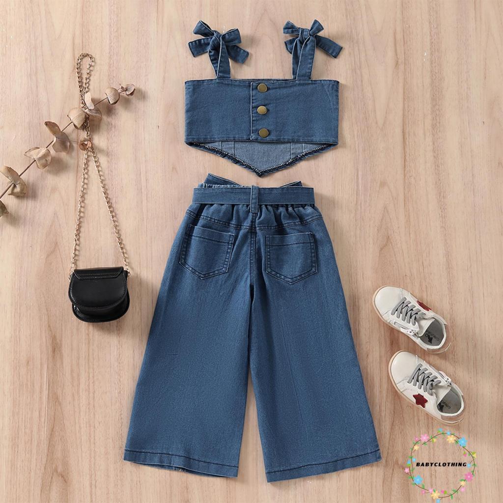 Set áo kiểu hai dây hở lưng và quần denim ống rộng thiết kế xẻ tà thời trang năng động dành cho bé gái