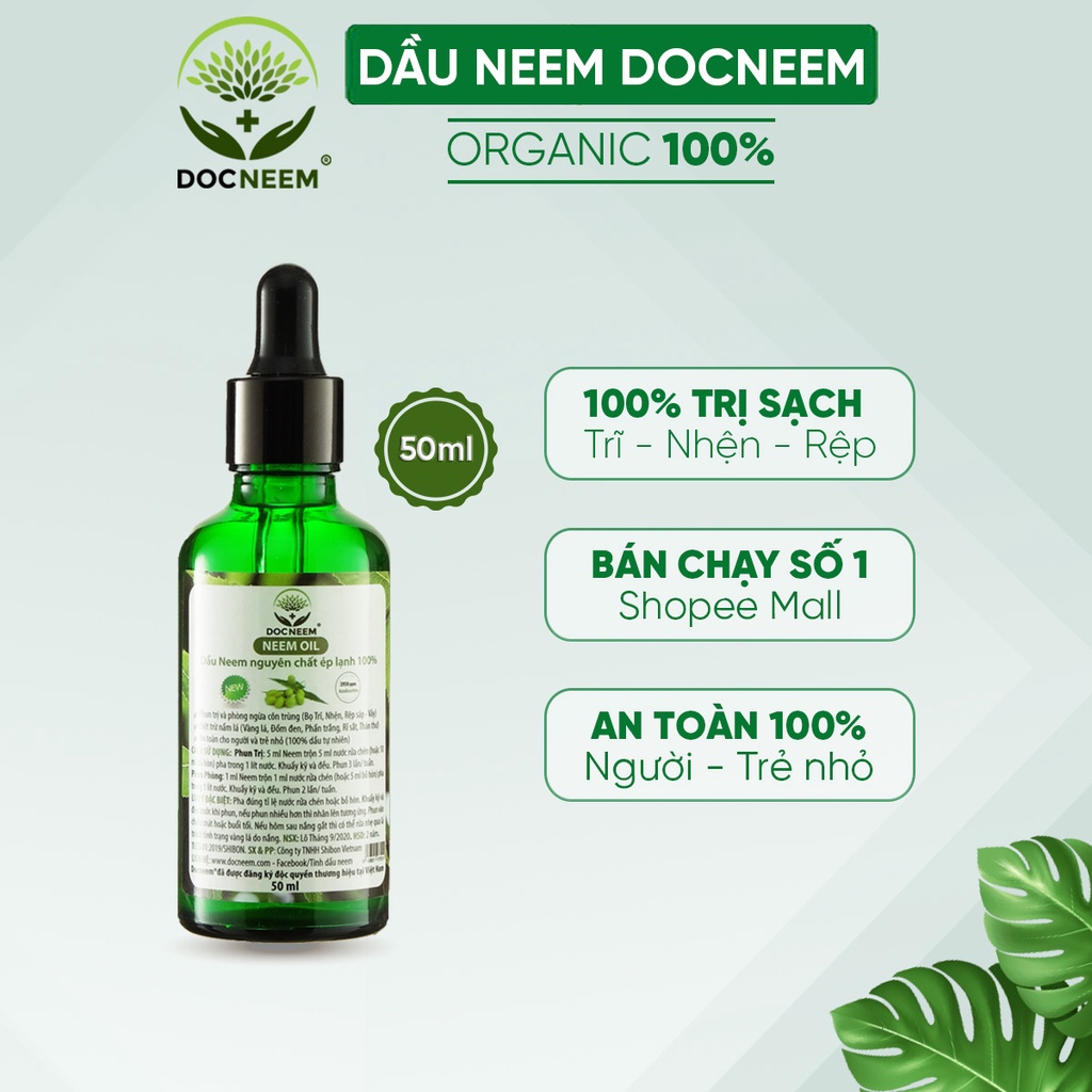 Dầu neem oil DOCNEEM hữu cơ phòng trị sâu bệnh hoa hồng, phong lan, cây cảnh, nguyên chất ép lạnh, hàng chính hãng 50ml