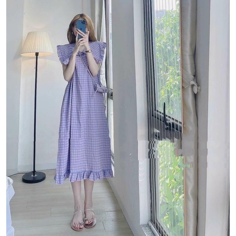 Vaý bầu cổ sen bèo sát nách, váy suông kẻ caro dáng xuông cổ v, thích hợp đi chơ, đi biển free size 43-68kg VB31