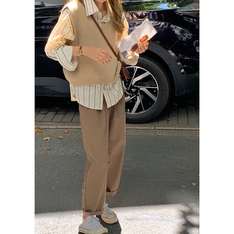 Áo sơ mi sọc tay dài/ áo không tay cổ V/ quần dài ống rộng lưng cao thời trang cho nữ 46294