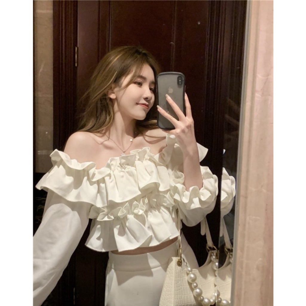 [Ảnh thật/Sẵn] Áo croptop trễ vai viền bèo dài tay ulzzang