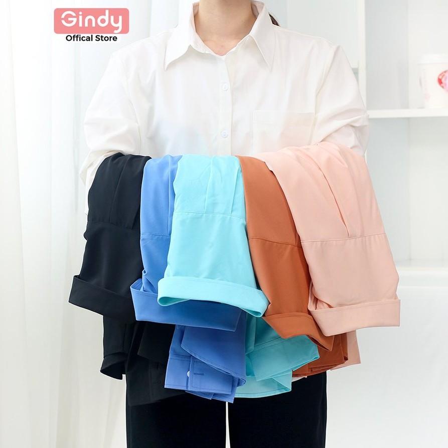 Áo sơ mi nữ GINDY dài tay basic trơn form rộng dáng suông dài kiểu Hàn Quốc thời trang xuân hè 2022 A018