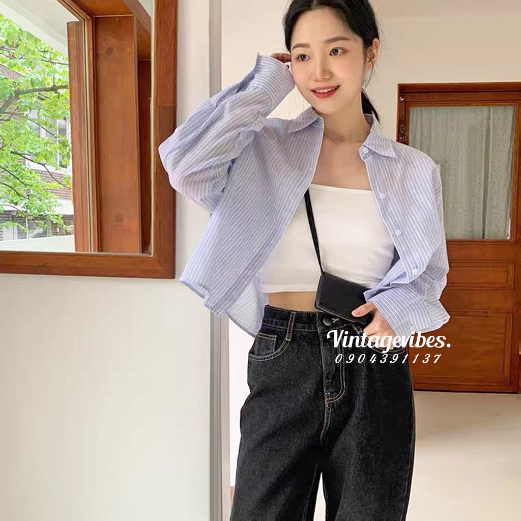 Áo sơ mi kẻ sọc nhỏ Hàn Quốc, Áo sơ mi kẻ dáng lửng dài tay style Hàn Quốc