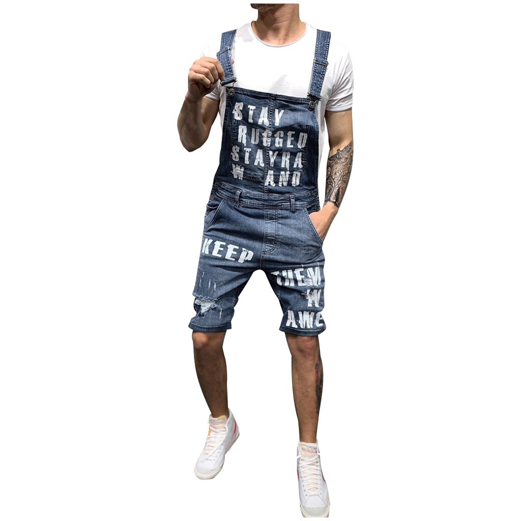 Hot sale ☛Mens Letter Pocket Jeans Overall Jumpsuit  Streetwear  Overall Suspender Pants