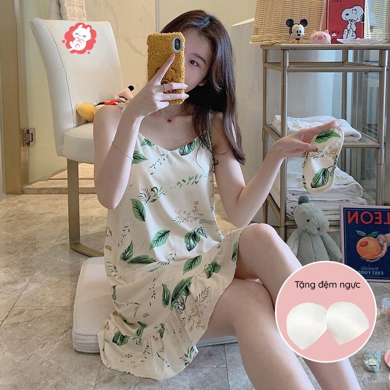 Váy ngủ nữ hai dây dễ thương bigsize chất cotton thun sữa có đệm ngực đuôi xếp li kèm bịt mắt VN02