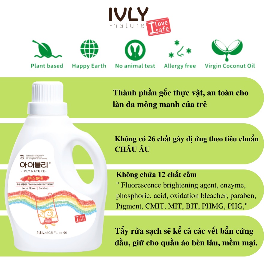 Nước giặt quần áo trẻ sơ sinh Hàn Quốc IVLY NATURE hương hoa sen an toàn cho làn da dung tích 1800ml ivly003