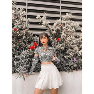 áo croptop cổ tàu kèm găng tay phối màu da beo ảnh thật - Leopard Pow Pow
