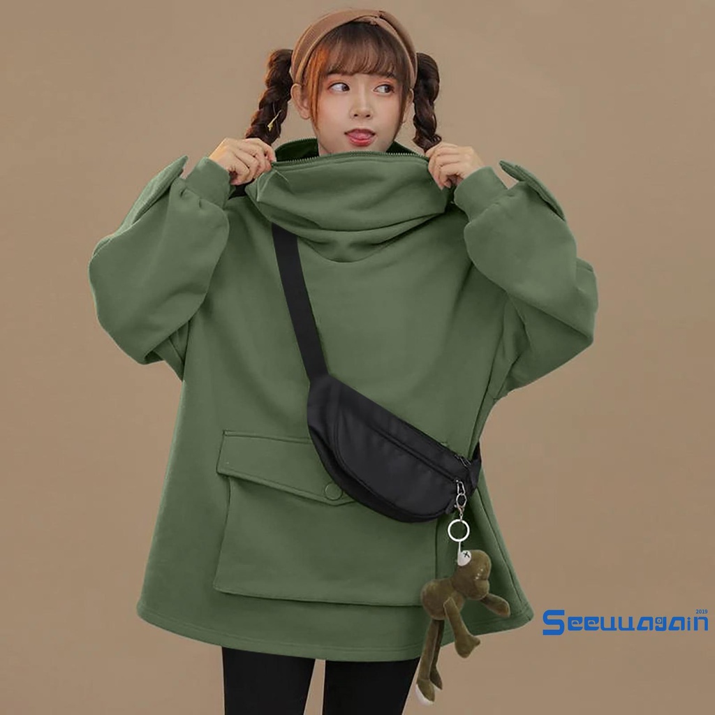 Áo Hoodie Tay Dài Màu Trơn Có Túi Hình Chú Ếch Dễ Thương Cho Nữ