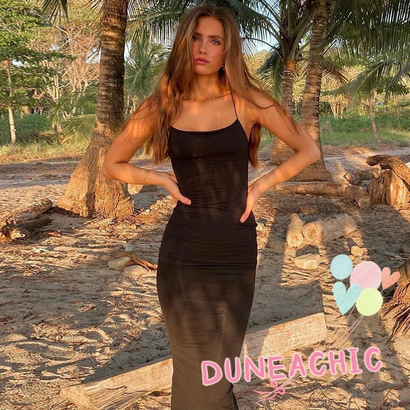 Đầm Hai Dây Hở Lưng Màu Trơn Thiết Kế Thanh Lịch Cho Nữ