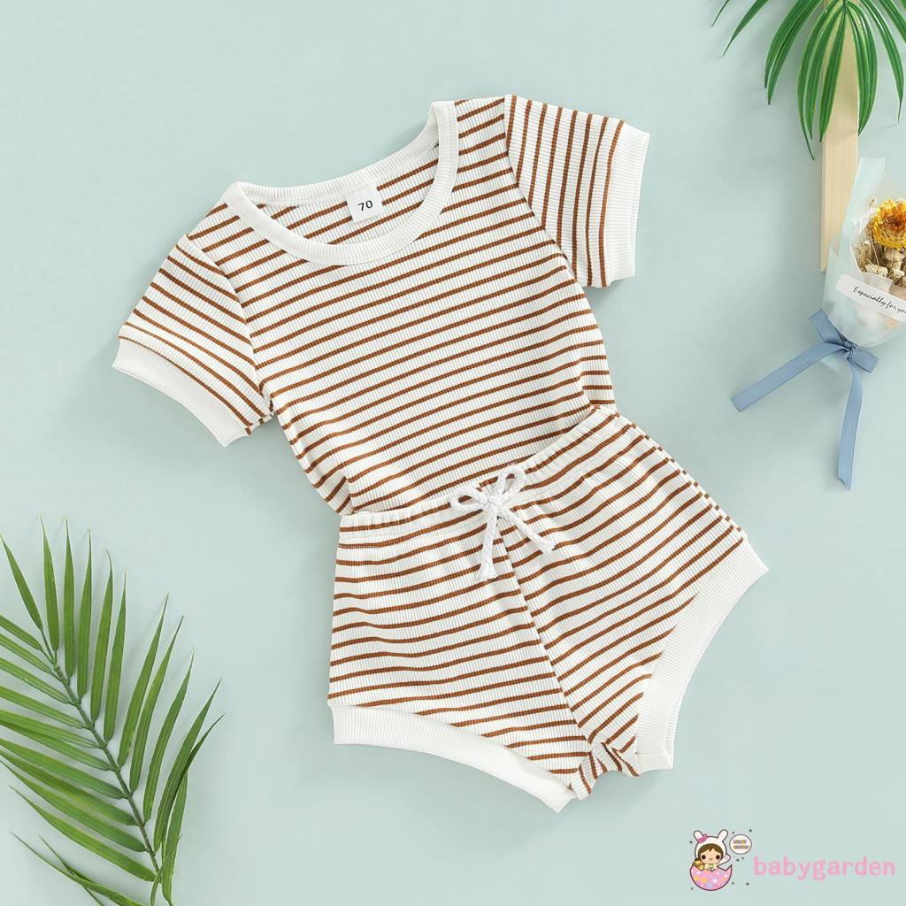 Bộ Áo Thun Ngắn Tay Cổ Tròn Kẻ Sọc + Quần Short Thời Trang Mùa Hè Cho Bé 0-24 Tháng Tuổi