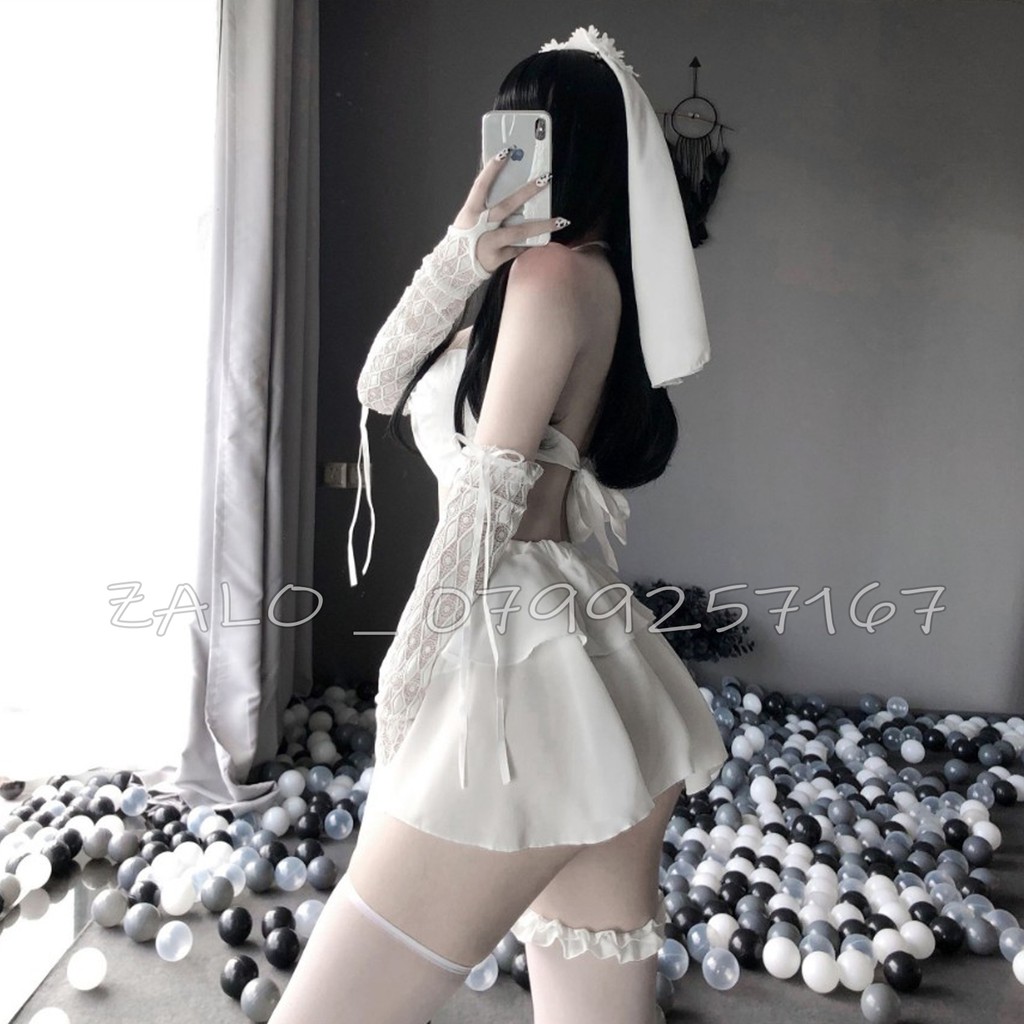 Đồ ngủ cosplay sexy cô dâu kèm chùm đầu và bao tay