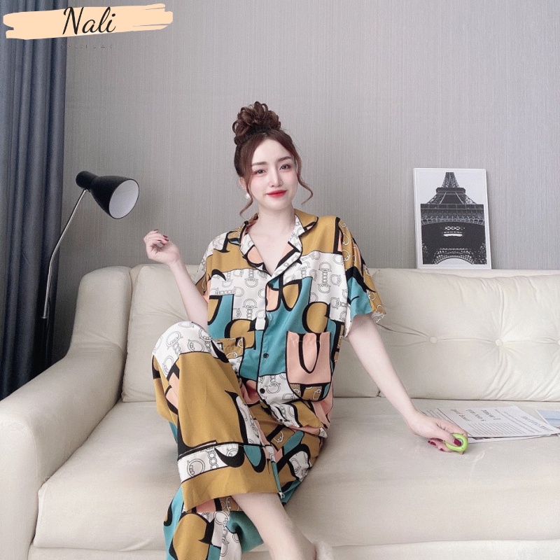 Bộ pijama nữ cộc tay quần dài chất liệu lụa 100D xịn xò, bộ đồ ngủ nữ pyjama họa tiết lập thể DC04