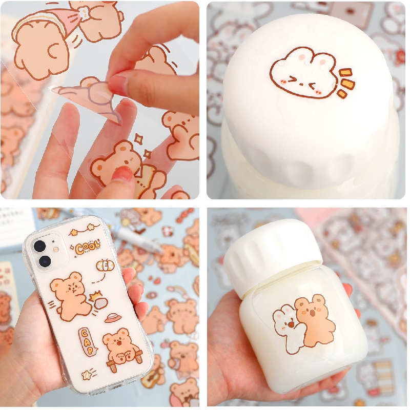 1 gói 10 miếng dán trang trí hình gấu và thỏ dễ thương chống thấm nước DIY