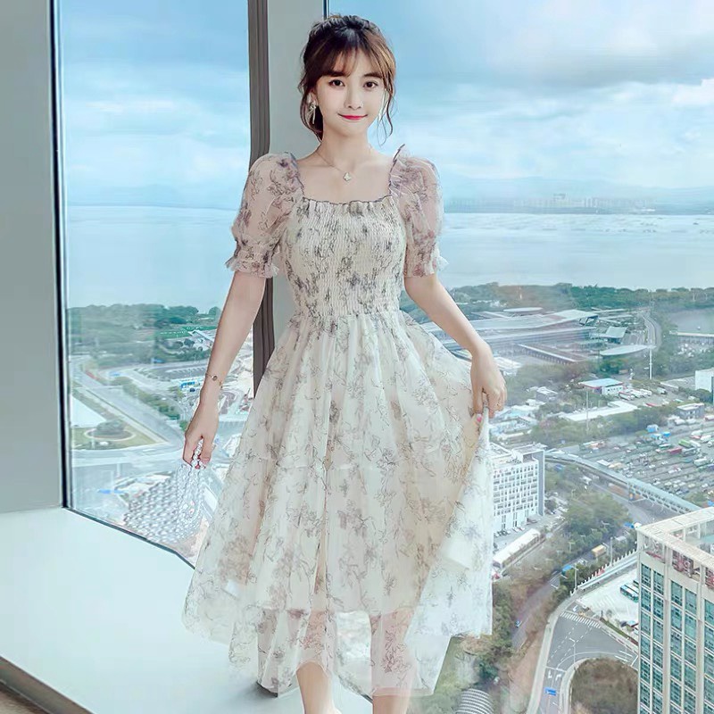 [ STYLE HÀN QUỐC ] ĐẦM VOAN TAY LỠ/ CỔ VUÔNG/ PHỐI HOẠ TIẾT HOA TÍM, CỰC TIỂU THƯ, MẶC CỰC XINH VÀ SANG TRỌNG, NHIỀU SIZ