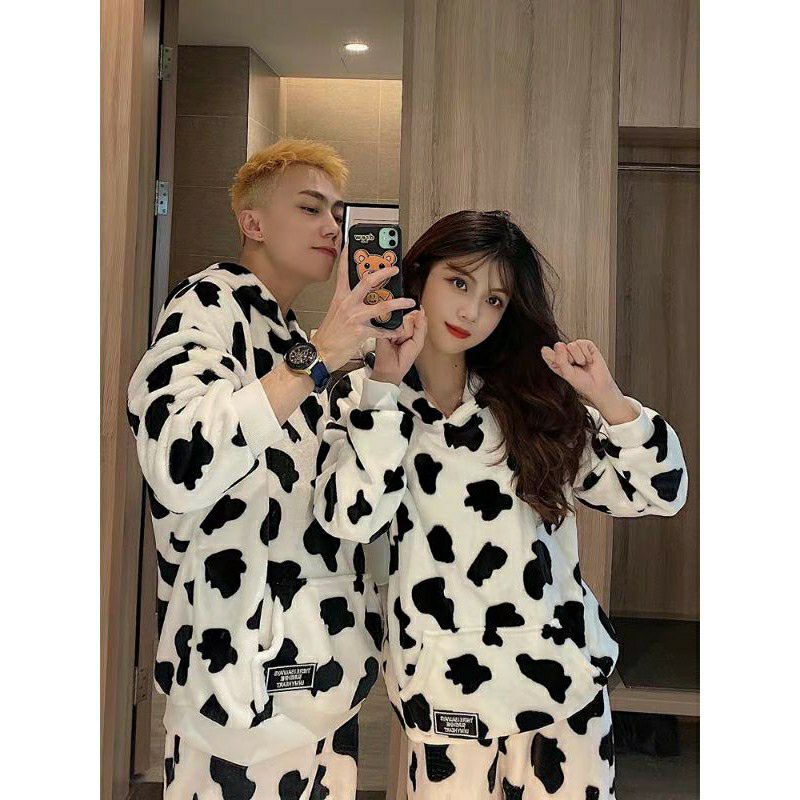 Bộ nỉ bò sữa đôi nam nữ, bông xù siêu dày ấm thể thao unisex
