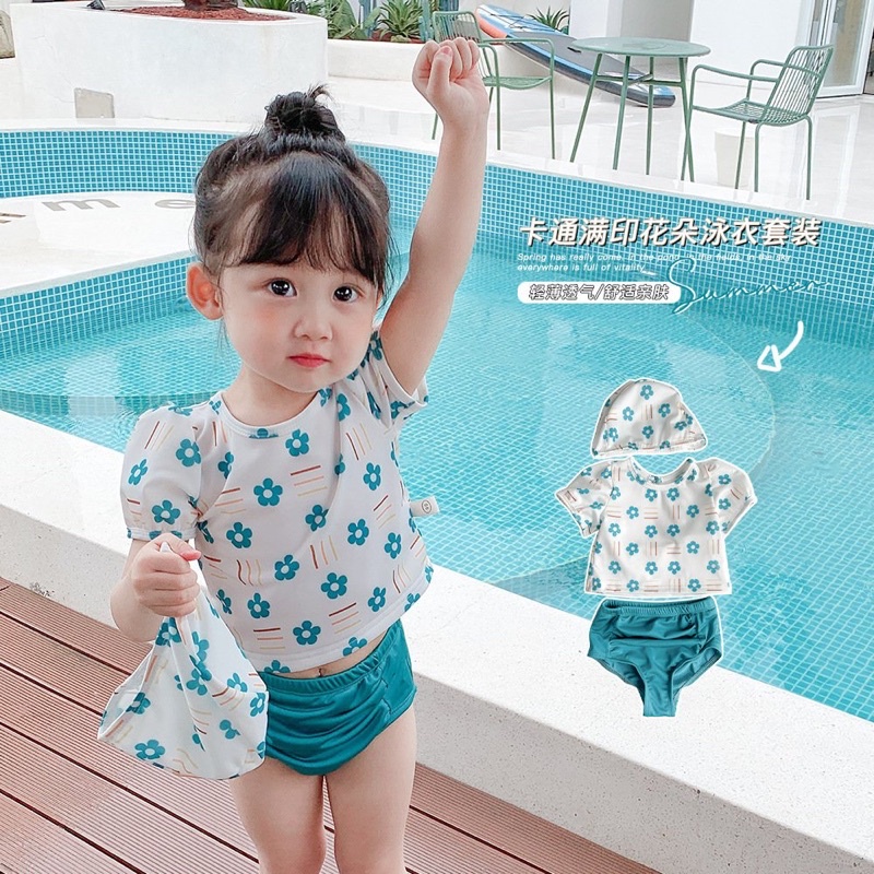 Đồ bơi bé gái 1-6 tuổi – Bikini 2 mảnh cho bé gái kèm mũ họa tiết hoa xanh siêu dễ thương