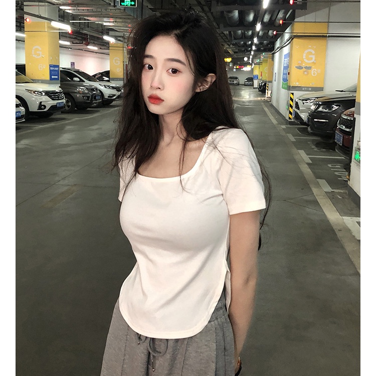 WANGJIAOZHAN Áo croptop thun ngắn tay cổ chữ u thiết kế mới mỏng quyến rũ thời trang