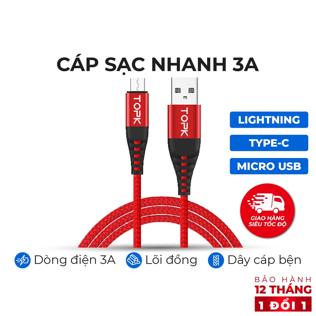 Dây sạc IPType-C Micro USB TOPK AN42-Dòng điện 3A-Hàng-Bảo hành 12 tháng 1 đổi 1