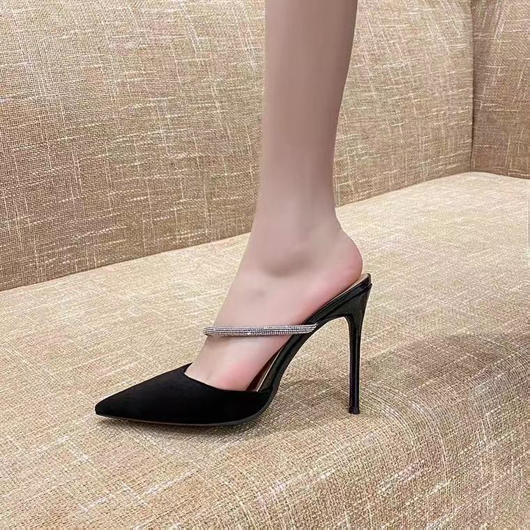 ▲۩Spring/Summer 2021 new high heels female temperament outer wear half slippers Baotou stiletto pointed toe women s shoes with rhinestone sandals and