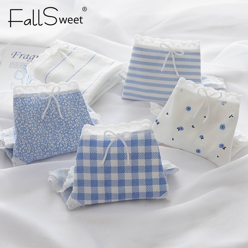 Quần lót FALLSWEET vải cotton phối ren in hình xinh xắn phong cách Nhật dành cho nữ