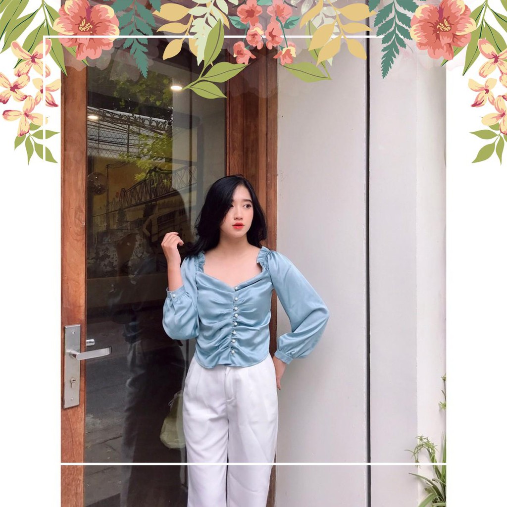 Áo nhún ngực tay lỡ tay dài màu xanh | BigBuy360 - bigbuy360.vn