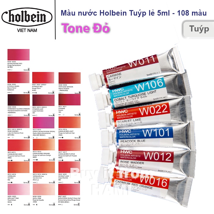 Màu nước Holbein Artist Watercolor Nhật Bản - Tuýp lẻ 5ml - Bảng màu Đỏ