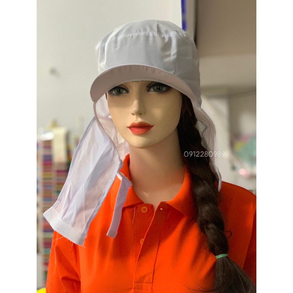 Nón kết trùm có khẩu trang vải silk màu trắng dùng trong ngành thực phẩm, thủy sản _ Hình chụp thật