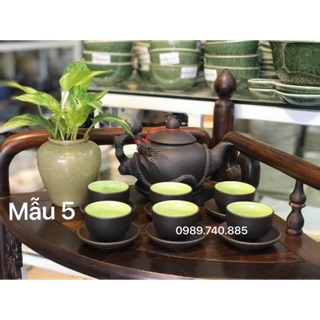 Bộ ấm chén tử sa Bát Tràng đắp nổi hoa