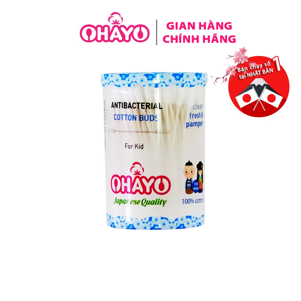 Tăm Bông Ohayo Kháng Khuẩn 100% - An Toàn - Đầu Bông 1 Xoắn 1 Tròn - Hộp 160 Que