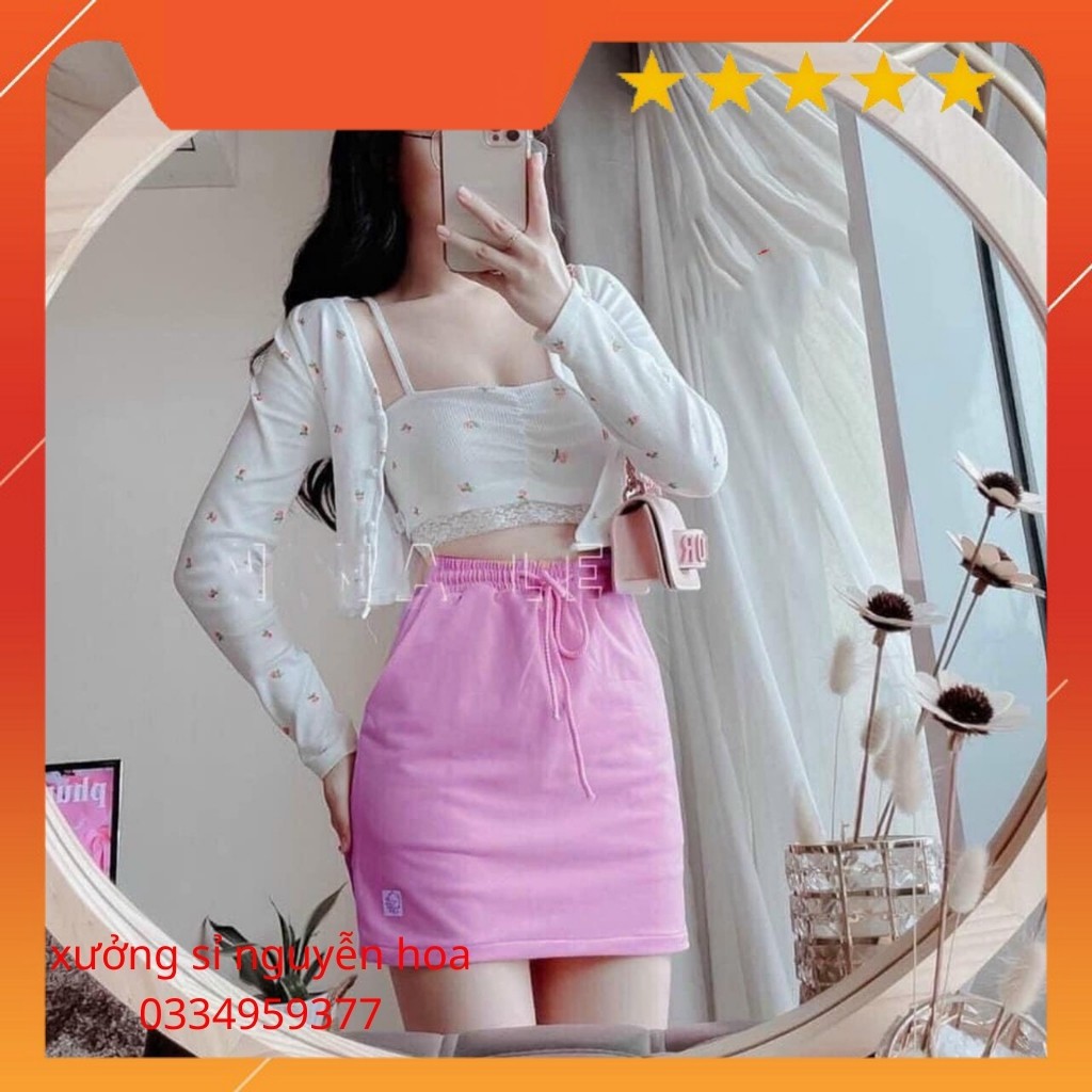 Sét 3 món áo 2 dây crop viền ren + áo khoác crop hoa + chân váy hồng siêu xinh (kèm video/ảnh thật) Xưởng Sỉ Nguyễn Hoa