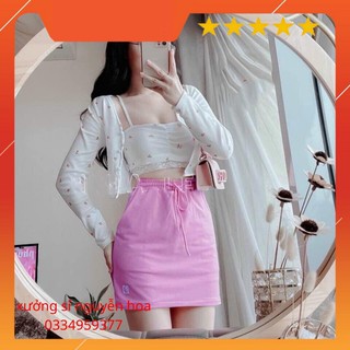 Sét 3 món áo 2 dây crop viền ren + áo khoác crop hoa + chân váy hồng siêu xinh (kèm video/ảnh thật) Xưởng Sỉ Nguyễn Hoa
