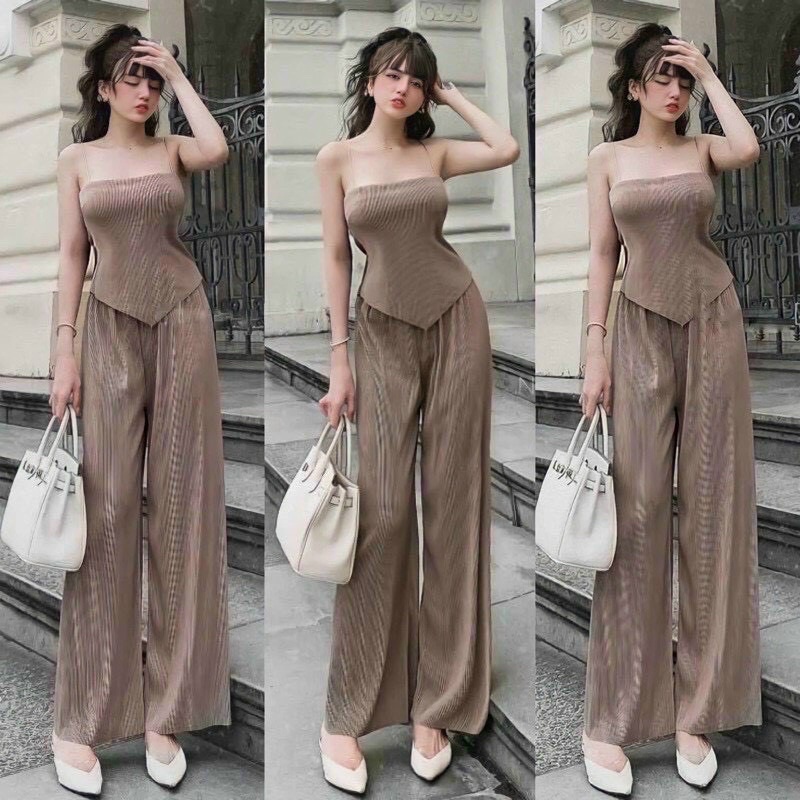 SET HAI DÂY QUẦN ỐNG RỘNG LỤA DẬP LI HÌNH THẬT Q16