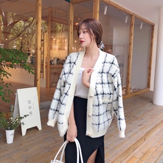 Áo khoác cardigan len lông hoạ tiết kẻ