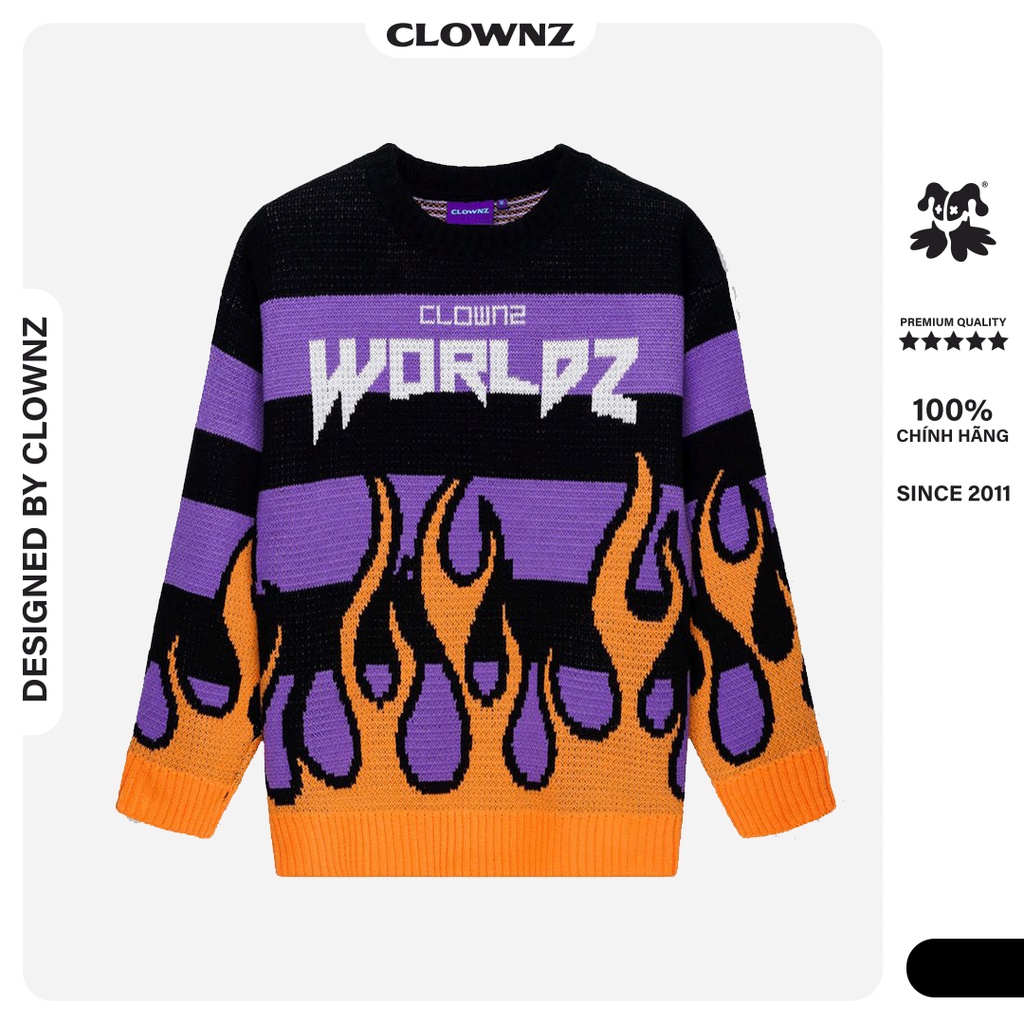 Áo len sweater local brand Clownz WorldZ Star Knit form rộng, dáng raglan chất len dệt 100% cotton, phối màu tím cam