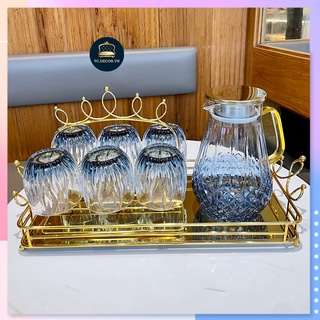 Set 6 Cốc Thuỷ Tinh Lửa Ánh Xanh, Có Bình xanh và Khay vương niệm