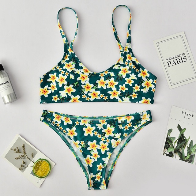 (HN có sẵn) bikini đồ bơi 2 mảnh hoa nhí màu xanh lá