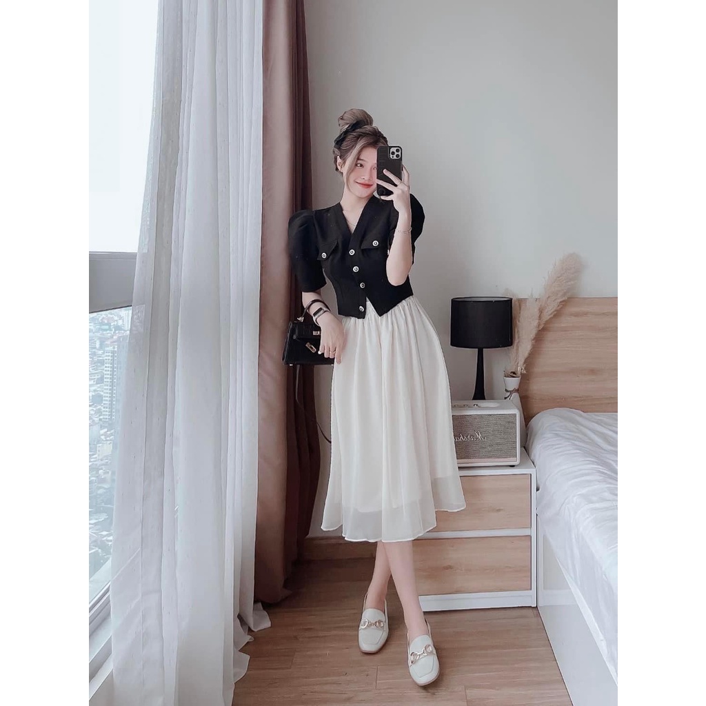 Set bộ đồ nữ áo croptop bồng bềnh đính nút mix chân váy voan dài siêu xinh, sang chảnh dành cho các nàng đi chơi, đi làm