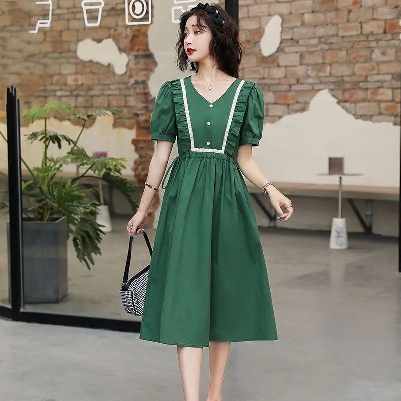 Đầm Midi Tay Phồng Cổ Tròn In Họa Tiết Trái Tim Phong Cách Hàn Quốc Xinh Xắn Cho Nữ