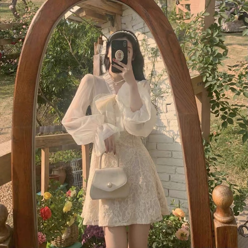 Váy ulzzang ren lưới kiểu tiểu thư tay loe/Đầm xoè công chúa dự tiệc bánh bèo điệu vintage đi tiệc