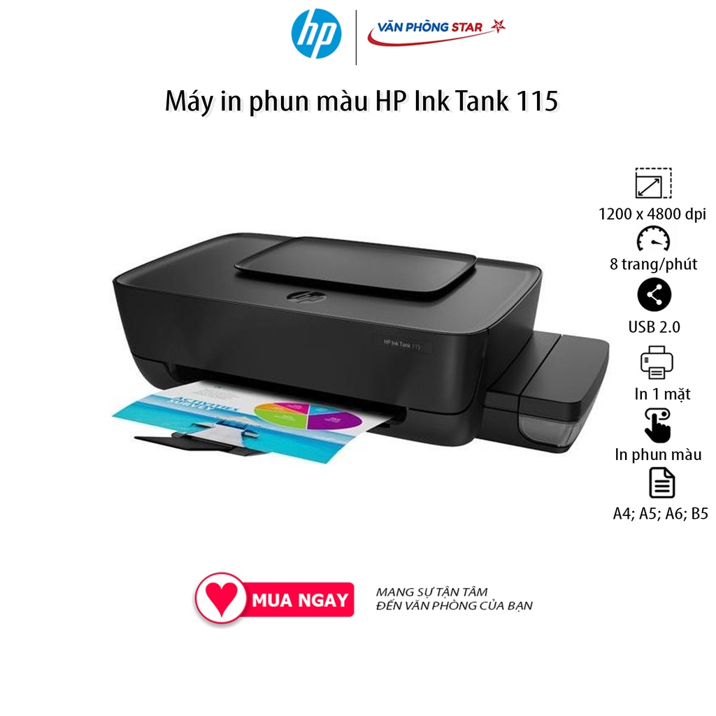 Máy in phun màu HP Ink Tank 115 2LB19A Tốc độ in đen trắng 19 trang/phút Tốc độ in màu 15 trang/phút 4800 x 1200 dpi