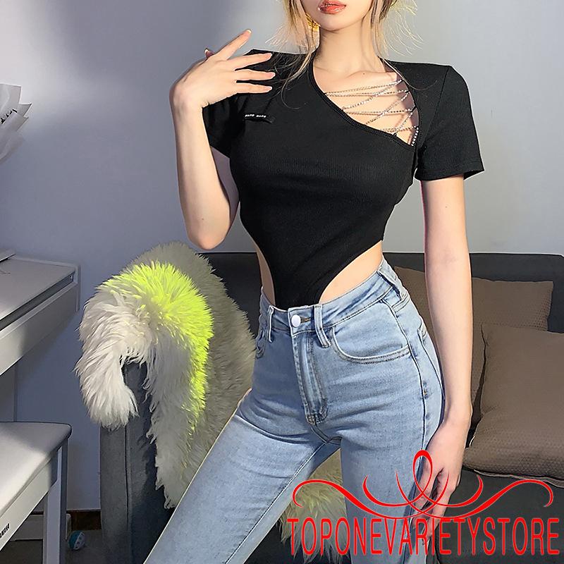 TOPQ-Women Hollow Out Short Sleeve Cross Metal Chain One-Piece Leotard Korean Style Bodysuits | BigBuy360 - bigbuy360.vn