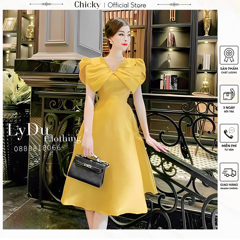 váy đầm nữ tay phồng dáng xòe cổ chữ Vsang trọng quý phái