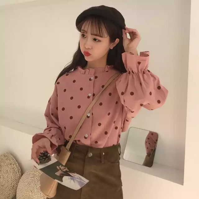 Áo sơmi kiểu, áo sơmi nữ, áo chấm bi, tay loe, áo dài tay SM47